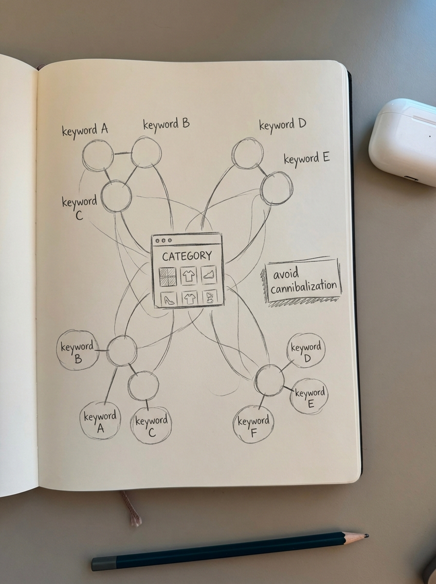 Simple pencil sketch of keyword clusters as groups of circles connected to distinct search intents