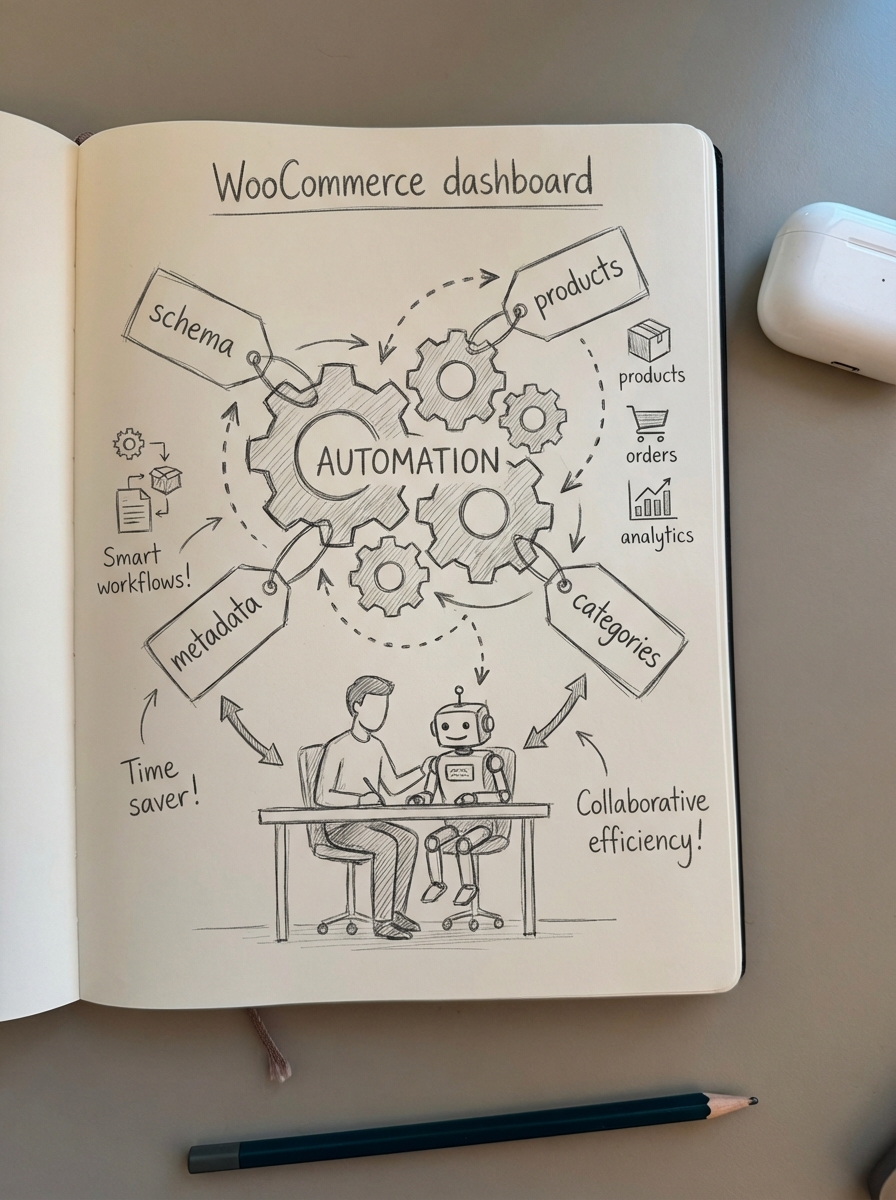 Simple pencil sketch on notebook paper of a WooCommerce-style dashboard with gears and checklists, illustrating automated content workflows speeding up production.