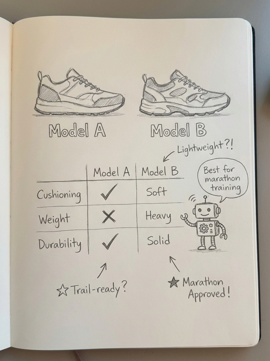 Simple pencil sketch on notebook paper of an ecommerce shoe comparison page, showing two running shoes side by side with handwritten notes about features and use cases.