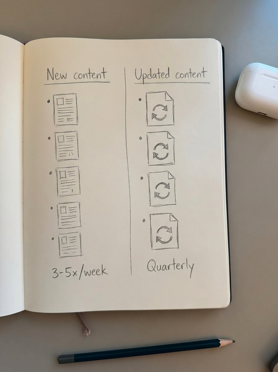 Notebook-style pencil drawing showing two columns labeled New content and Updated content, highlighting the balance between publishing and refreshing for LLMO.