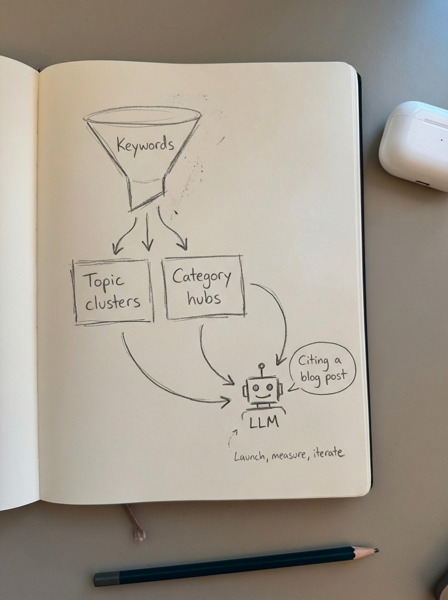 Notebook-style pencil drawing of a funnel labeled Keywords flowing into organized clusters for SEO