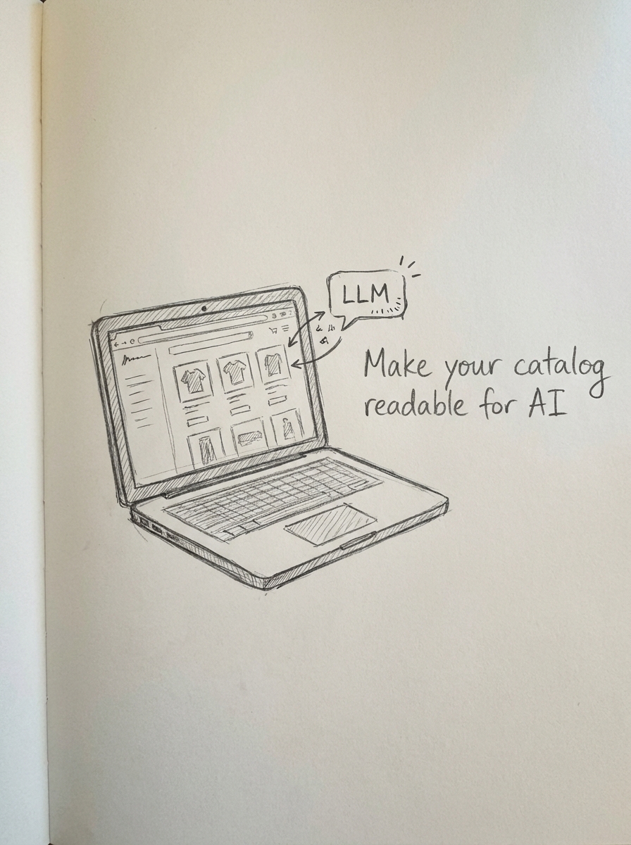 Simple notebook-style pencil sketch of an ecommerce storefront on a laptop, representing LLMO for online stores