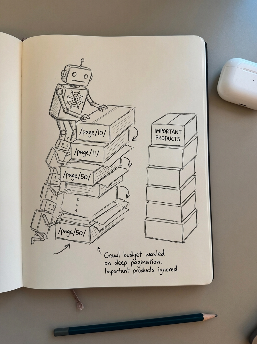 Simple notebook-style pencil sketch of Googlebot wasting crawl budget on deep WooCommerce pagination pages while important product pages are ignored