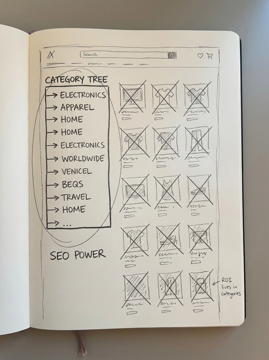 Notebook-style pencil sketch of an ecommerce category tree highlighted for SEO power with crossed-out individual product tiles, illustrating that ROI lives in categories.