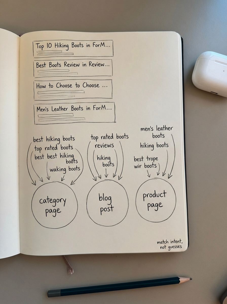 Simple notebook drawing of SERP results feeding keyword clusters into three circles labeled category page, blog post, and product page to show mapping search intent to page type.