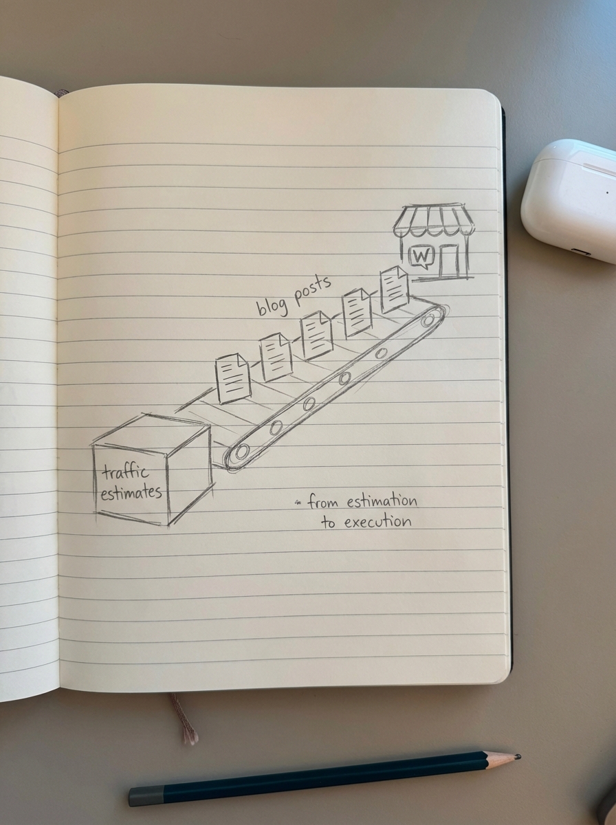 Very simple notebook pencil sketch of a conveyor belt turning traffic estimates into blog posts flowing toward a WooCommerce store, symbolizing moving from estimation to execution