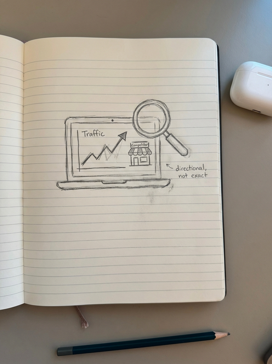 Simple notebook pencil sketch of a laptop traffic dashboard with a magnifying glass labeled directional not exact, illustrating website traffic estimates for competitors