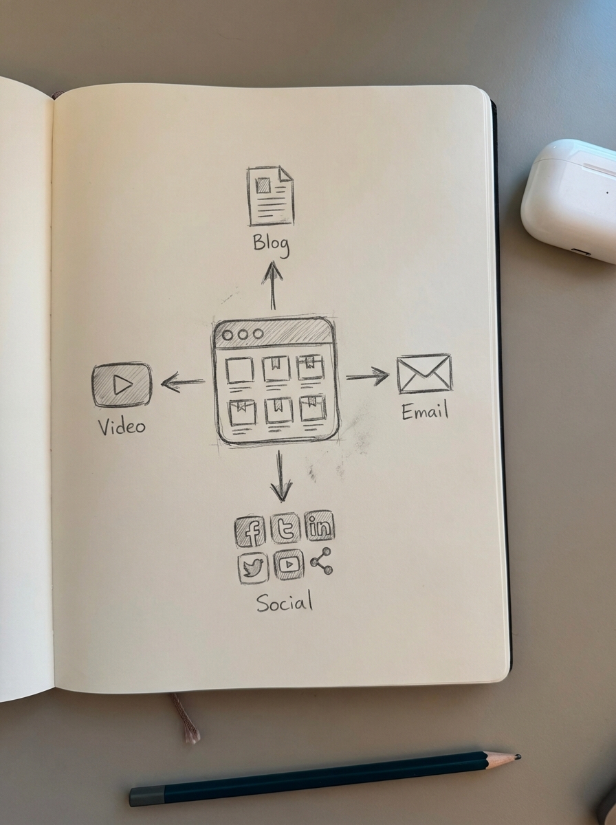 Simple pencil sketch of a WooCommerce product catalog page connected by arrows to blogs, videos, email, and social content formats