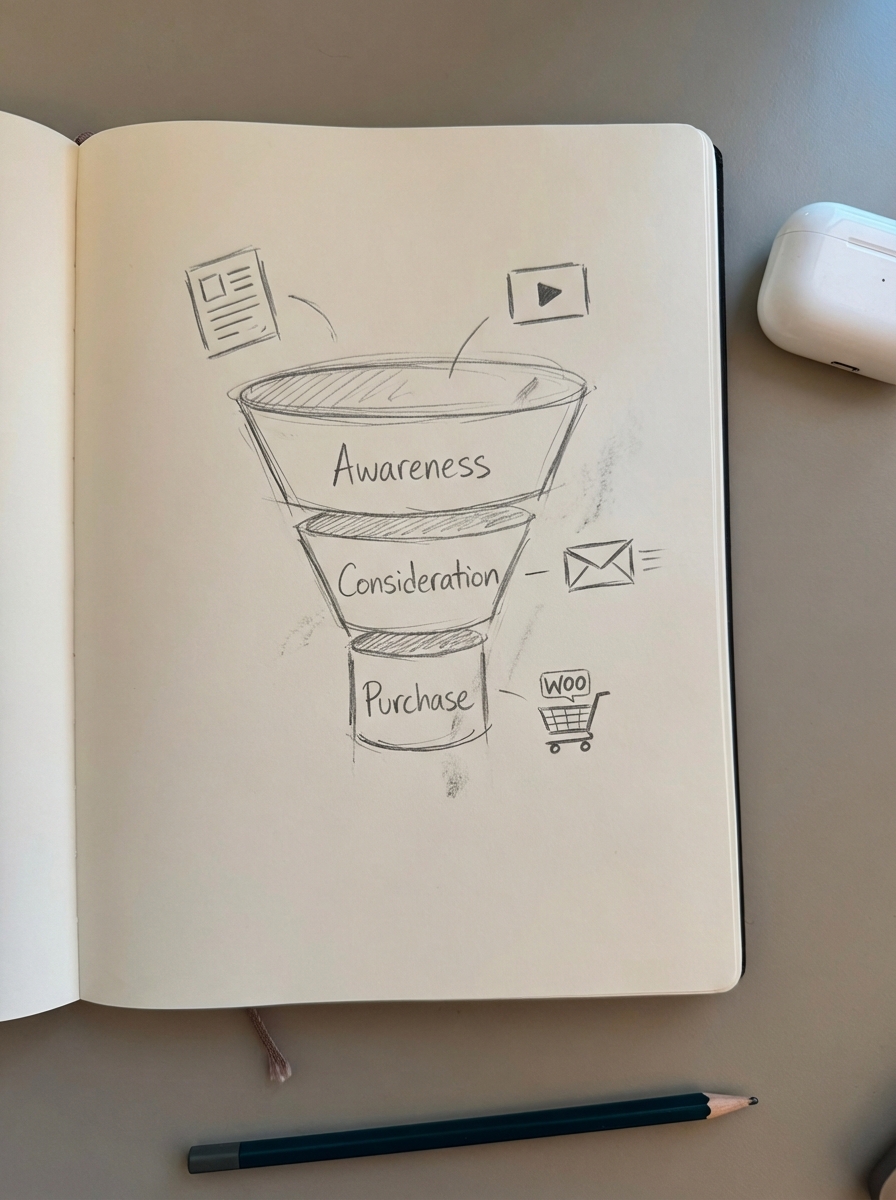 Simple pencil sketch of a marketing funnel from awareness to purchase for WooCommerce content strategy