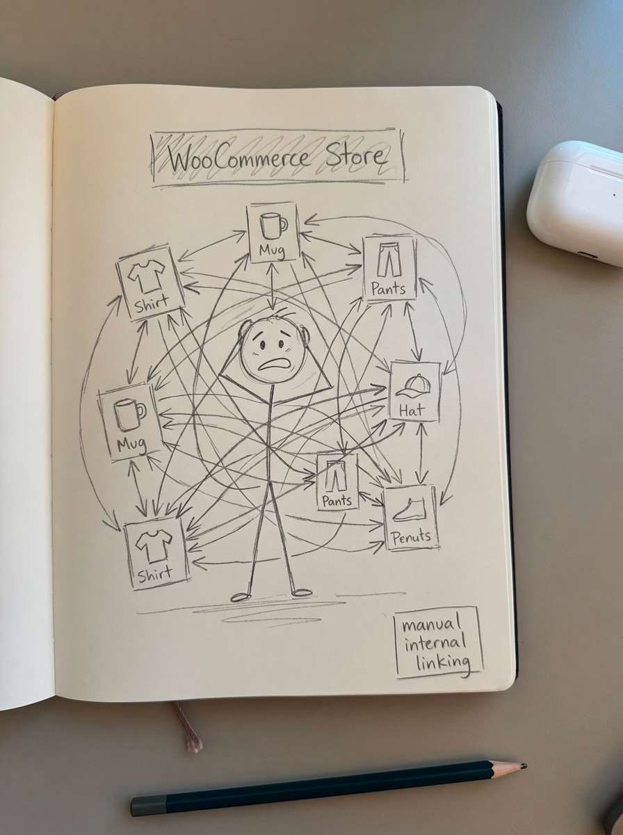 simple notebook pencil sketch of an overwhelmed WooCommerce store owner surrounded by tangled manual internal links between products