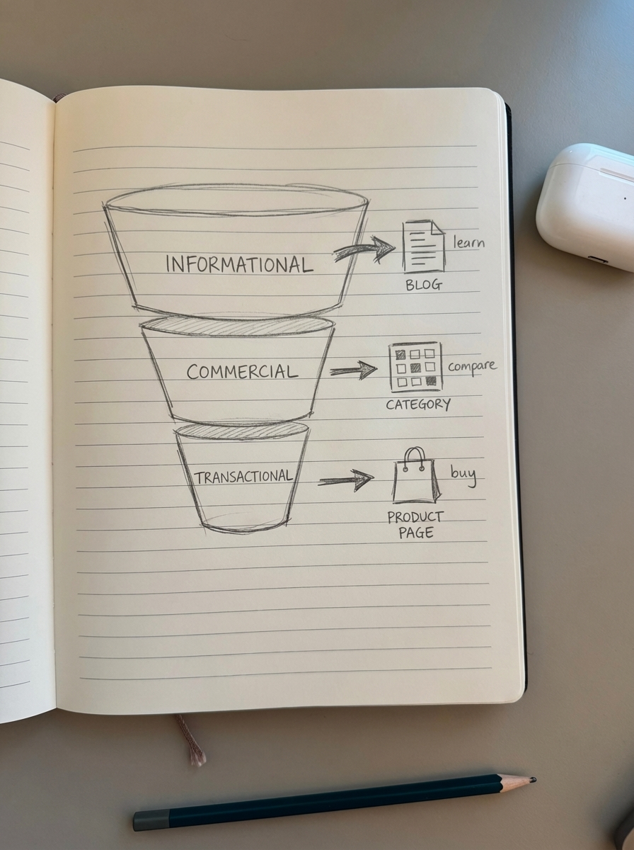 Simple notebook sketch diagram showing keyword intent mapped to WooCommerce page types like product, category, and blog post