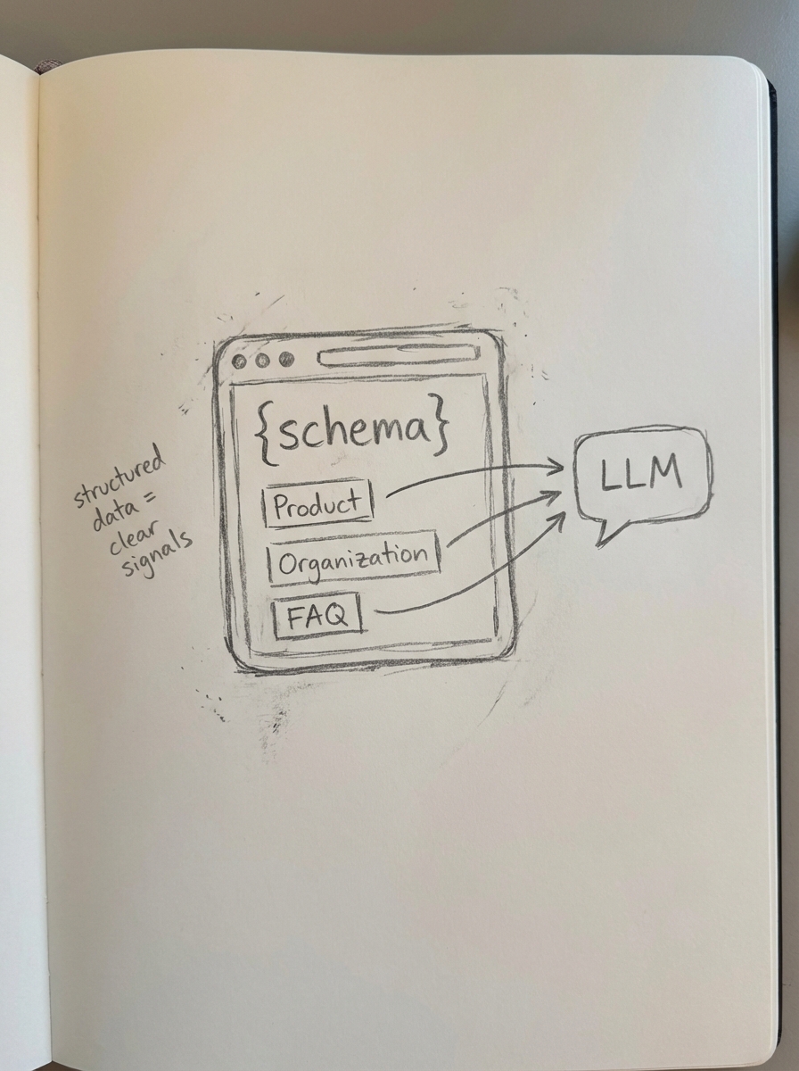 Simple pencil notebook drawing of a web page icon with schema tags and notes about structured data for LLM visibility