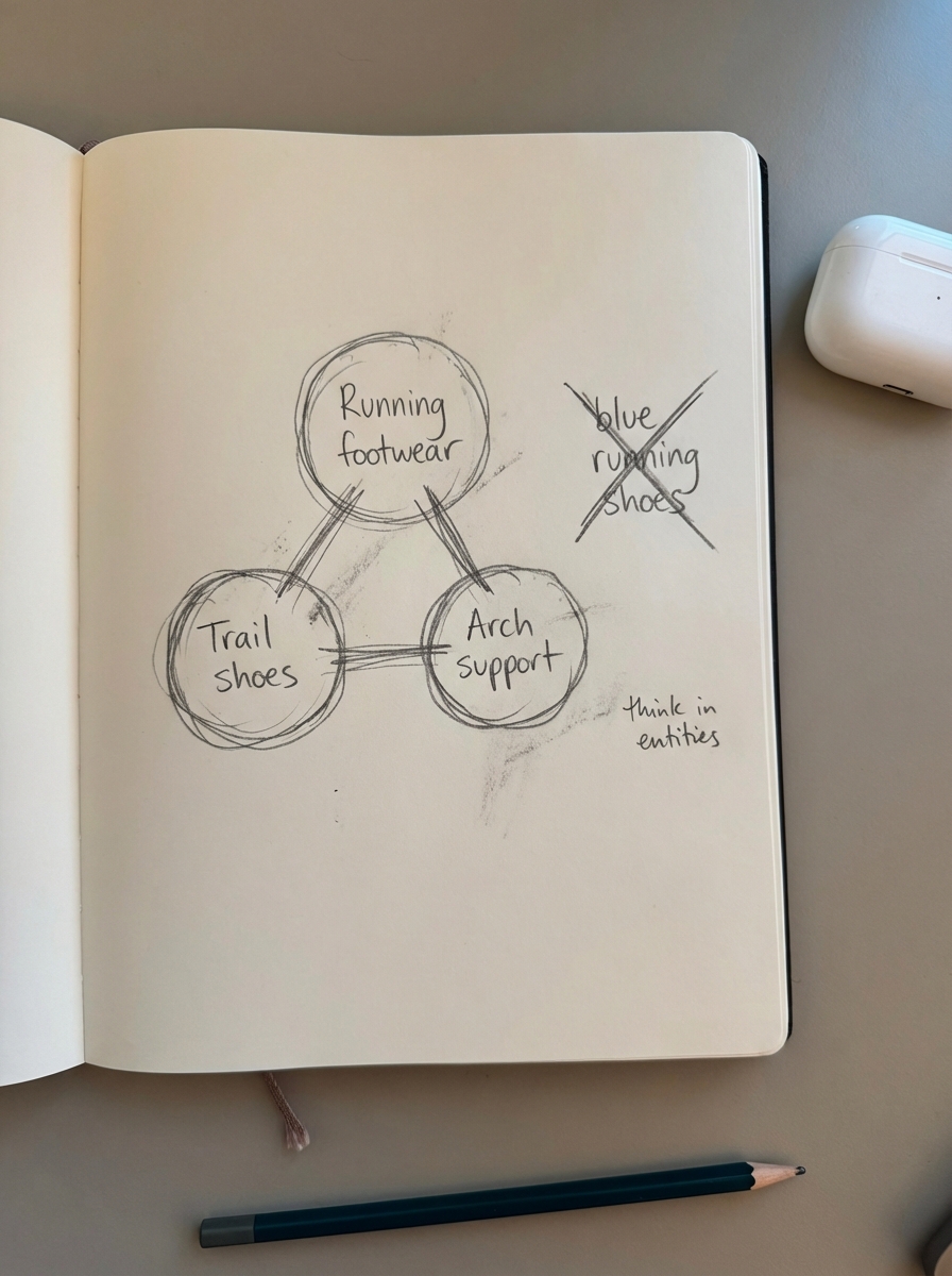 Very simple pencil notebook doodle of clustered circles representing keyword groups and entities for WooCommerce SEO