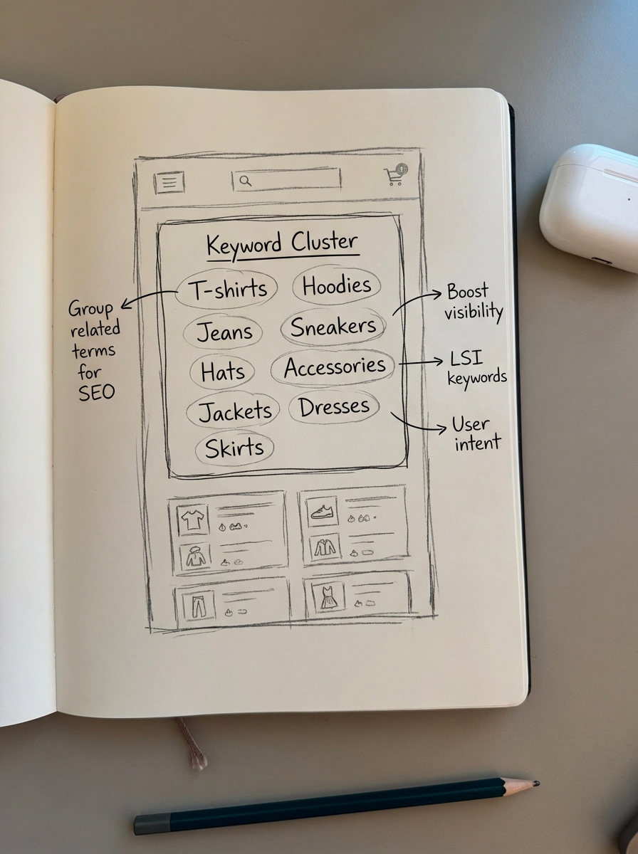 Simple pencil notebook doodle of an online store structure, contrasting a messy set of pages with a clean keyword cluster-based architecture
