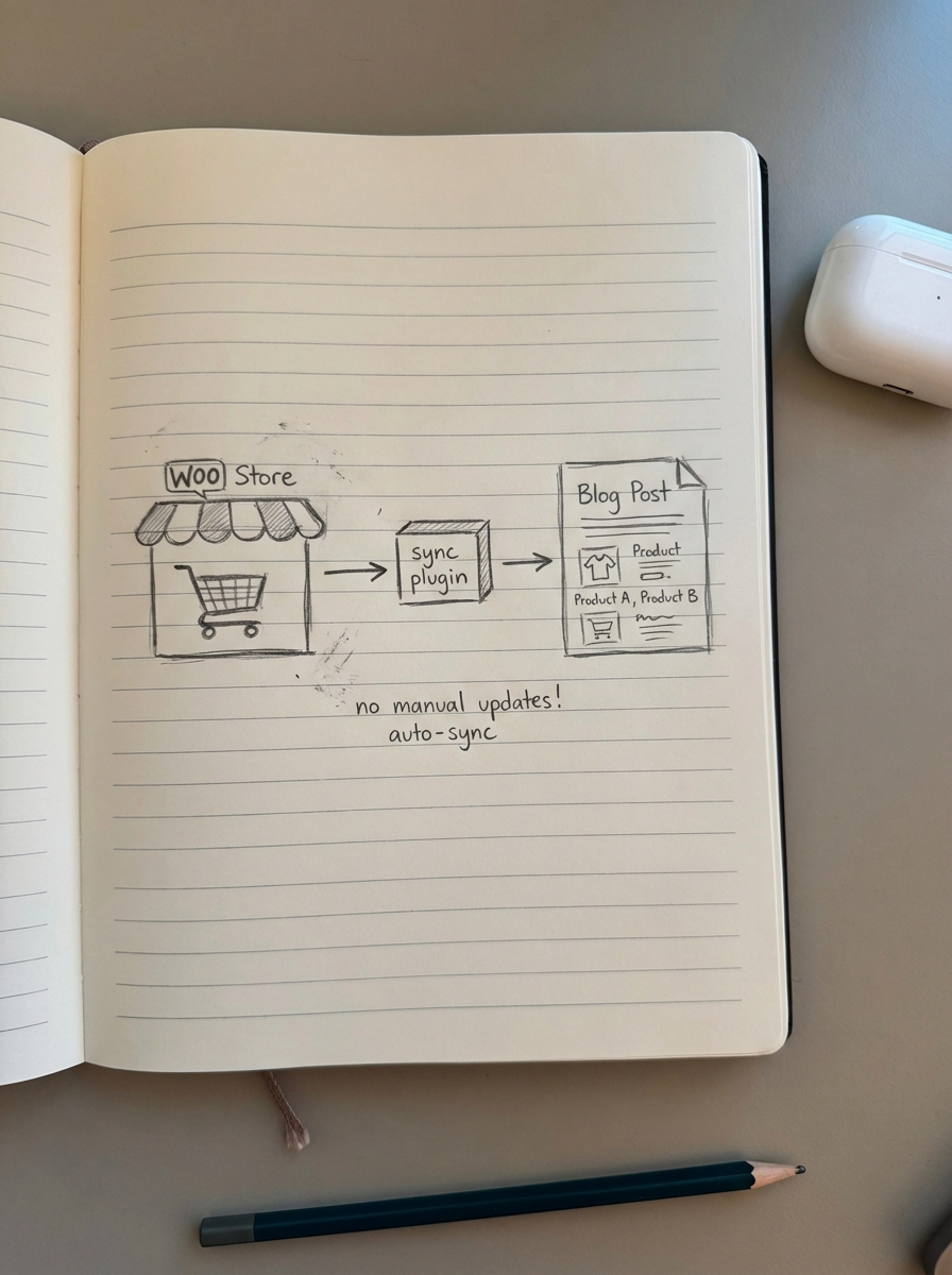 Very simple pencil notebook doodle showing a WooCommerce store syncing product data into a blog post automatically