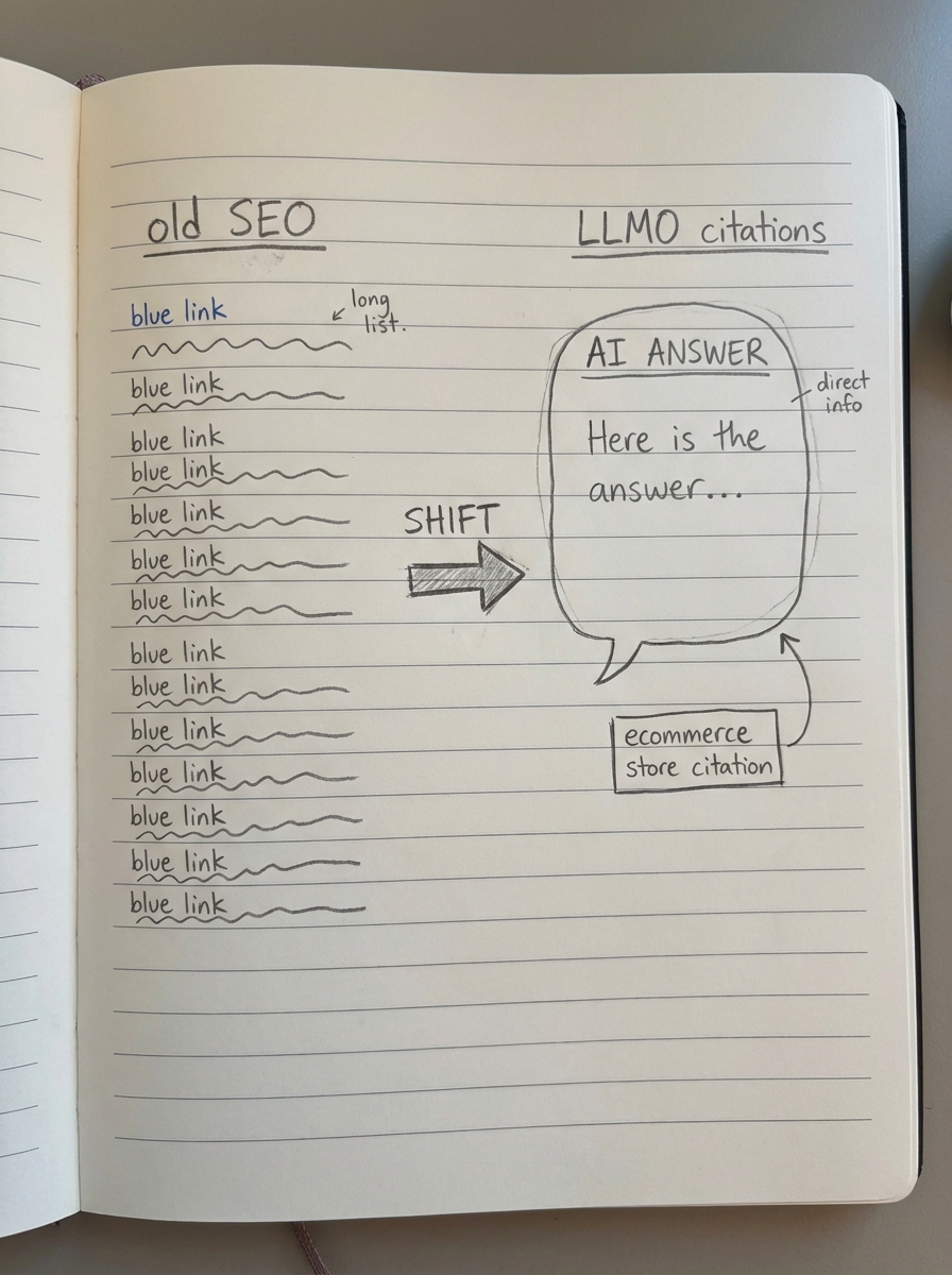 Notebook-style pencil doodle contrasting old SEO blue links with an AI answer engine citing an ecommerce store